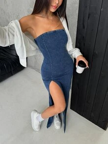 SHEIN PETITE Women's Sexy Street Style Front Slit Bandeau Denim Dress - Blue - View 3