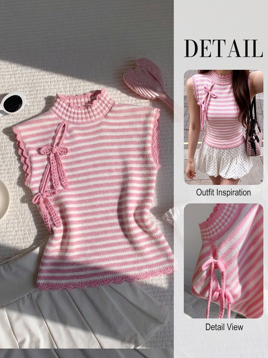 Comfortcana Women's Pink And White Striped Colorblock Casual Cute Y2k Daily Everyday School Knit Top Autumn - Pink - View 1