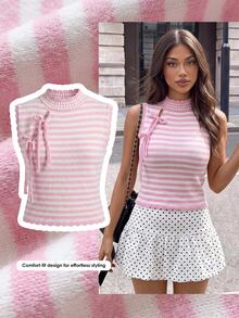 Comfortcana Women's Pink And White Striped Colorblock Casual Cute Y2k Daily Everyday School Knit Top Autumn - Pink - View 9
