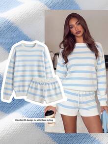 Comfortcana Autumn Casual Colorblock Blue And White Stripe Sweater Knit Shorts Set Everyday Home Holiday - Blue - View 8