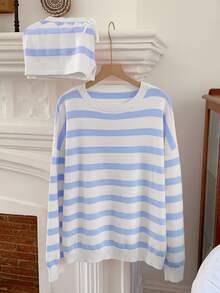 Comfortcana Autumn Casual Colorblock Blue And White Stripe Sweater Knit Shorts Set Everyday Home Holiday - Blue - View 6