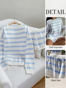 Comfortcana Autumn Casual Colorblock Blue And White Stripe Sweater Knit Shorts Set Everyday Home Holiday - Blue - View 2