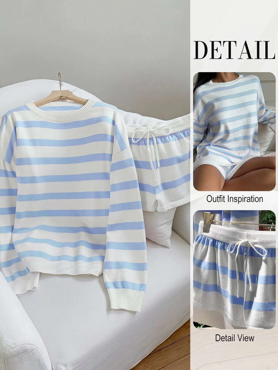 Comfortcana Autumn Casual Colorblock Blue And White Stripe Sweater Knit Shorts Set Everyday Home Holiday