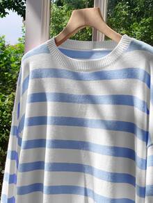 Comfortcana Autumn Casual Colorblock Blue And White Stripe Sweater Knit Shorts Set Everyday Home Holiday - Blue - View 5