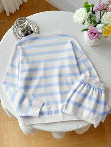 Comfortcana Autumn Casual Colorblock Blue And White Stripe Sweater Knit Shorts Set Everyday Home Holiday - Blue - View 3