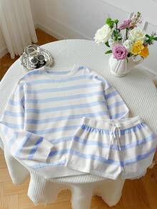 Comfortcana Autumn Casual Colorblock Blue And White Stripe Sweater Knit Shorts Set Everyday Home Holiday - Blue - View 4