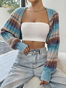 Comfortcana Space Dye Open Front Crop Lightweight Cardigan - Blue - View 8