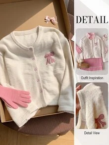 Comfortcana Women's Autumn/Winter Casual Cute Fairy Bow Embroidery Cardigan Brunch Pink - Apricot - View 2