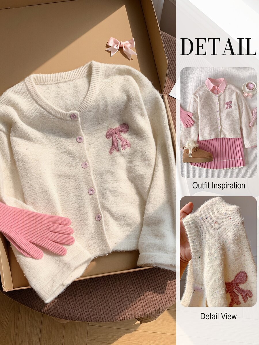 Comfortcana Women's Autumn/Winter Casual Cute Fairy Bow Embroidery Cardigan Brunch Pink