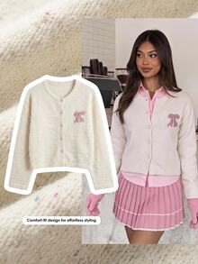Comfortcana Women's Autumn/Winter Casual Cute Fairy Bow Embroidery Cardigan Brunch Pink - Apricot - View 10