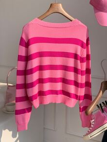 Comfortcana Women's Autumn/Winter Casual Colorblock Striped Sweater - Hot Pink - View 2