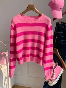 Comfortcana Women's Autumn/Winter Casual Colorblock Striped Sweater - Hot Pink - View 3