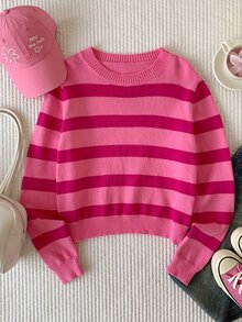 Comfortcana Women's Autumn/Winter Casual Colorblock Striped Sweater - Hot Pink - View 6