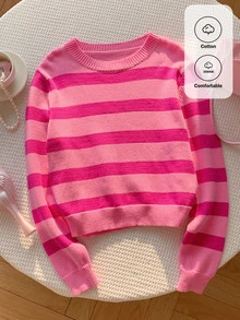 Comfortcana Women's Autumn/Winter Casual Colorblock Striped Sweater - Hot Pink - View 10