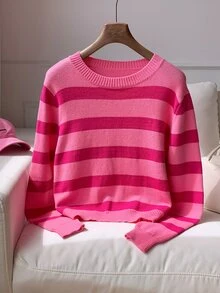 Comfortcana Women's Autumn/Winter Casual Colorblock Striped Sweater - Hot Pink - View 4