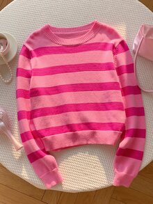Comfortcana Women's Autumn/Winter Casual Colorblock Striped Sweater - Hot Pink - View 7