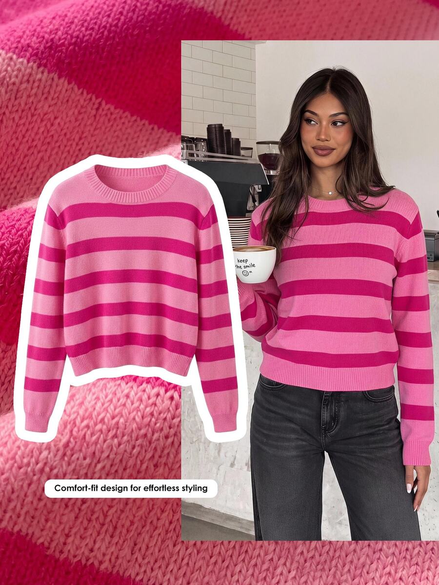 Comfortcana Women's Autumn/Winter Casual Colorblock Striped Sweater - Hot Pink - View 1