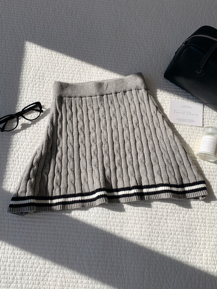 Comfortcana Women's Equestrian Embroidered Contrast Color Cable Knit Mini Skirt - Grey - View 2