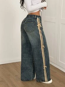 SHEIN PETITE Celana Jeans Wanita Model Lebar dengan Motif Garis-Garis Blok Warna dan Hiasan Pita - Biru - View 7