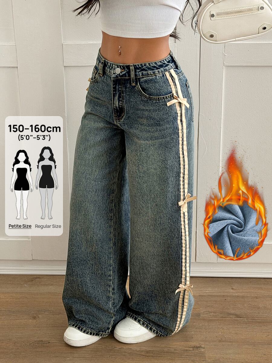 SHEIN PETITE 女款拼色條紋蝴蝶結裝飾寬腿牛仔褲 秋冬 正式商務時尚 基本款 哥德風 萬聖節聖誕節節慶 毛茸茸抓絨 PETITE - 藍色 - 查看 1