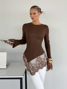 Siren Gaze Women's New Autumn/Winter Brown Lace Patchwork Long Sleeve T-Shirt - Brown - View 4