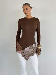 Siren Gaze Women's New Autumn/Winter Brown Lace Patchwork Long Sleeve T-Shirt - Brown - View 5