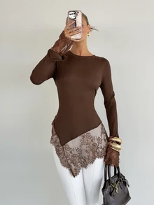 Siren Gaze Women's New Autumn/Winter Brown Lace Patchwork Long Sleeve T-Shirt - Brown - View 6