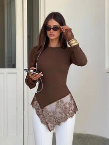 Siren Gaze Women's New Autumn/Winter Brown Lace Patchwork Long Sleeve T-Shirt - Brown - View 1
