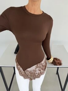Siren Gaze Women's New Autumn/Winter Brown Lace Patchwork Long Sleeve T-Shirt - Brown - View 3