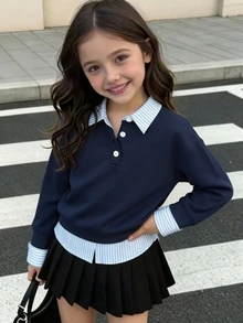 1pc Basic Casual Lazy Preppy Style Patchwork Shirt Collar Faux Two Pieces Pullover Sweatshirt, Suitable For Daily/Outing/Back To School/Outdoor/Home/Multiple Occasions, Spring/Summer/Autumn/All Seasons, Autumn/Winter Outfit - Navy Blue - View 3