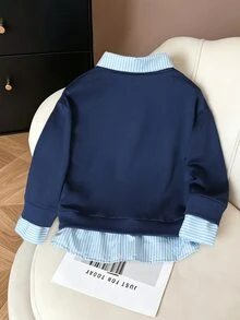 1pc Basic Casual Lazy Preppy Style Patchwork Shirt Collar Faux Two Pieces Pullover Sweatshirt, Suitable For Daily/Outing/Back To School/Outdoor/Home/Multiple Occasions, Spring/Summer/Autumn/All Seasons, Autumn/Winter Outfit - Navy Blue - View 2