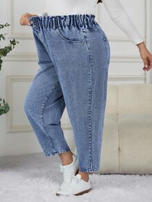 SHEIN CURVE+ 大尺碼女款休閒寬鬆大廓形度假海灘晚裝牛仔褲，附口袋與鈕扣，冬季時尚基本哥德風淺藍色 - 藍色 - 查看 8