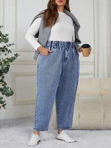 SHEIN CURVE+ 大尺碼女款休閒寬鬆大廓形度假海灘晚裝牛仔褲，附口袋與鈕扣，冬季時尚基本哥德風淺藍色 - 藍色 - 查看 6