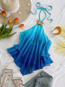 Soleia Atasan Halter Tanpa Punggung Motif Kupu-kupu Dekorasi Logam Ombre untuk Liburan Musim Semi/Panas Wanita, Cocok untuk Pantai, Tepi Laut, Seksi, Kencan - Biru - View 7