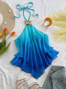 Soleia Atasan Halter Tanpa Punggung Motif Kupu-kupu Dekorasi Logam Ombre untuk Liburan Musim Semi/Panas Wanita, Cocok untuk Pantai, Tepi Laut, Seksi, Kencan - Biru - View 1