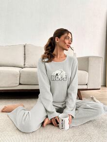 EURMUSE 2pcs Cute Lazy Koala Embroidery Detail PJ Set - Light Grey - View 4