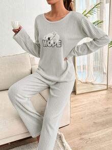 EURMUSE 2pcs Cute Lazy Koala Embroidery Detail PJ Set - Light Grey - View 5