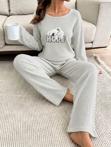 EURMUSE 2pcs Cute Lazy Koala Embroidery Detail PJ Set - Light Grey - View 3