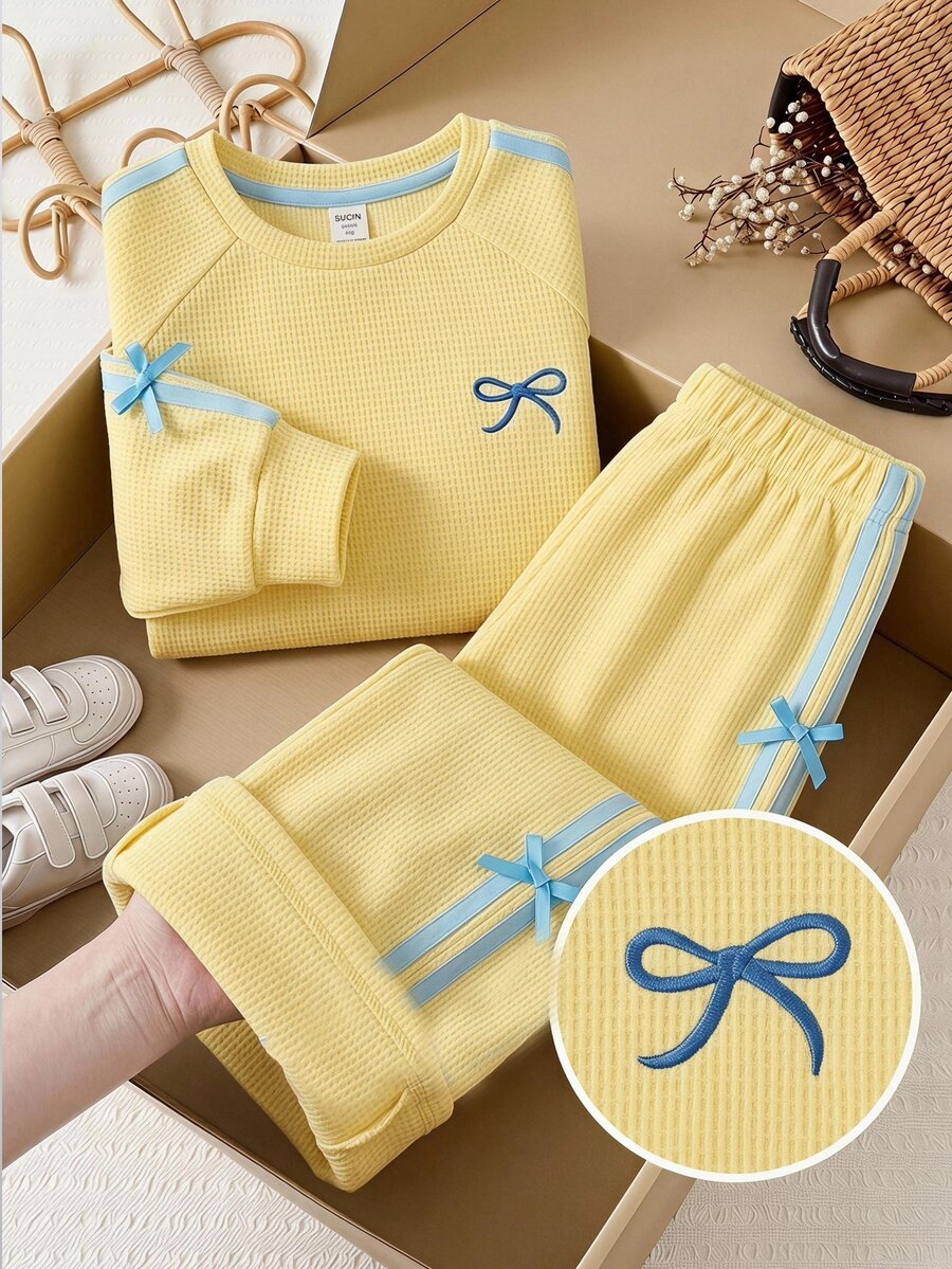 SHEIN Kids Young Girl Crew Neck Bow Pattern Colorblock Long Sleeve Sweatshirt And Sweatpants Casual Daily - Yellow - View 1