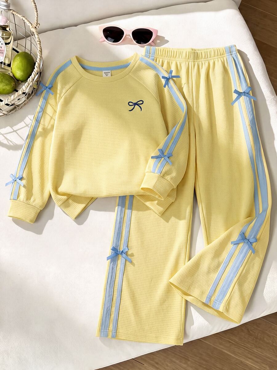 SHEIN 女童小女孩圓領蝴蝶結圖案拼色長袖運動衫與運動長褲休閒日常套裝 - 黃色 - 查看 1
