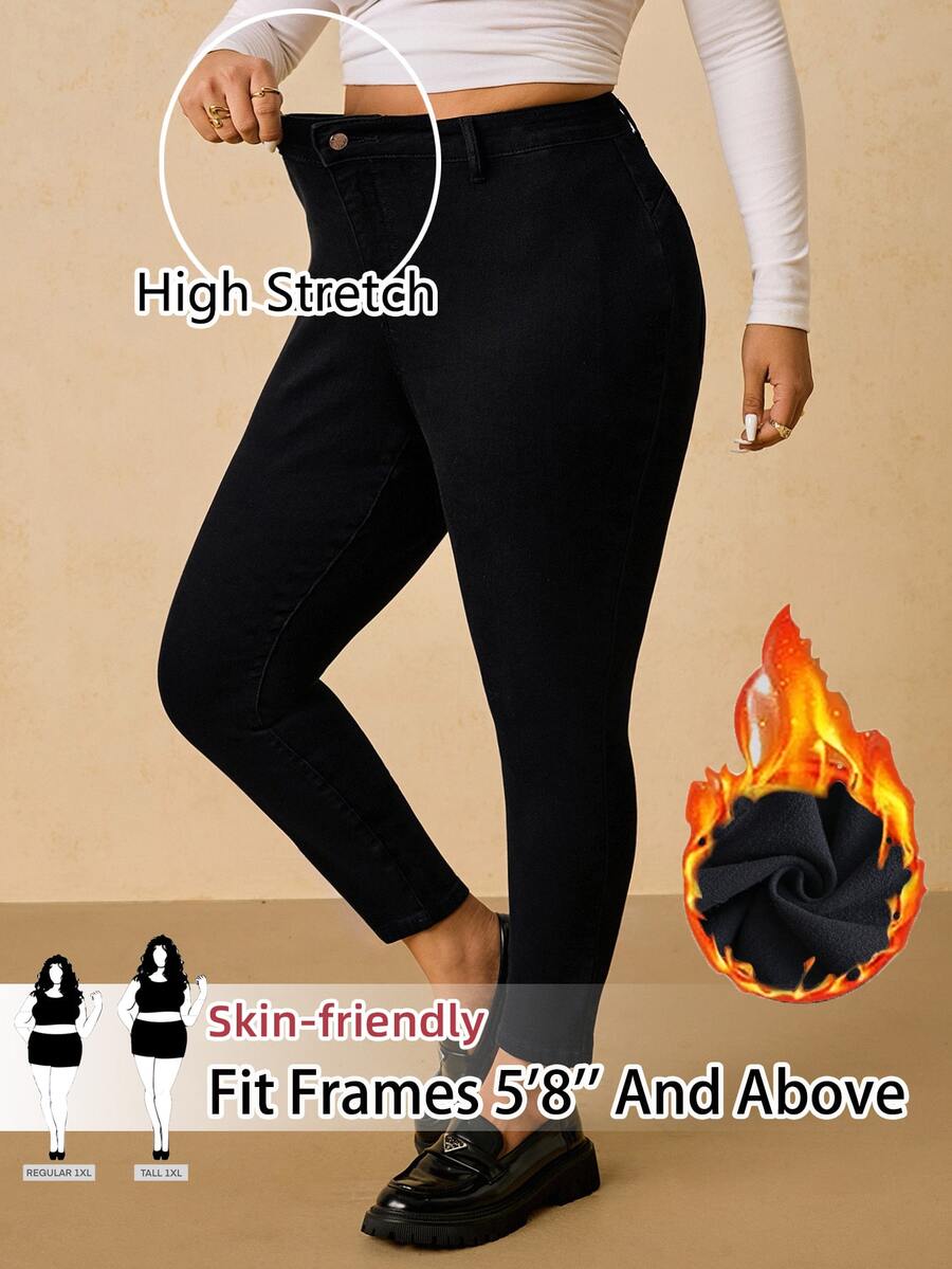 SHEIN Tall CURVE Plus Size Fashion Versatile Button Fitted Sexy Denim Jeans - Black - View 1