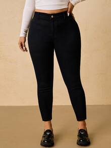 SHEIN Tall CURVE Plus Size Fashion Versatile Button Fitted Sexy Denim Jeans - Black - View 3