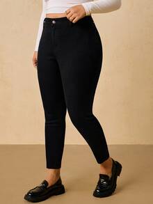 SHEIN Tall CURVE Plus Size Fashion Versatile Button Fitted Sexy Denim Jeans - Black - View 5