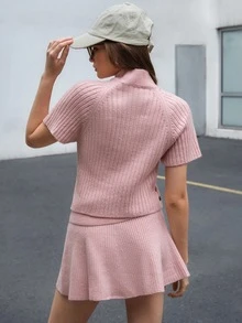 RosyDaze WOMEN'S WEAR Side Button Detailed Knit Top & Pleated Skirt 2Pcs Co-Ord - Pink - View 7