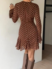 Siren Gaze Fall Stand Collar Long Sleeve Split Brown Polka Dot Fitted Mini Dress, Fashionable For Autumn Night Out Elegant Fall Party Ruffle Hem Halloween Y2k - Brown - View 4