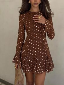 Siren Gaze Fall Stand Collar Long Sleeve Split Brown Polka Dot Fitted Mini Dress, Fashionable For Autumn Night Out Elegant Fall Party Ruffle Hem Halloween Y2k - Brown - View 11