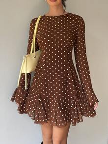 Siren Gaze Fall Stand Collar Long Sleeve Split Brown Polka Dot Fitted Mini Dress, Fashionable For Autumn Night Out Elegant Fall Party Ruffle Hem Halloween Y2k - Brown - View 7