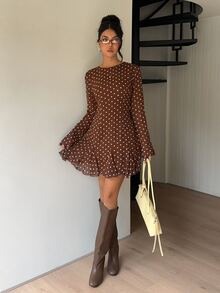Siren Gaze Fall Stand Collar Long Sleeve Split Brown Polka Dot Fitted Mini Dress, Fashionable For Autumn Night Out Elegant Fall Party Ruffle Hem Halloween Y2k - Brown - View 8
