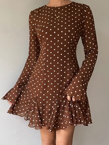 Siren Gaze Fall Stand Collar Long Sleeve Split Brown Polka Dot Fitted Mini Dress, Fashionable For Autumn Night Out Elegant Fall Party Ruffle Hem Halloween Y2k - Brown - View 5