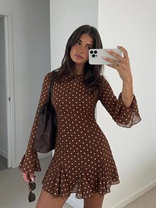 Siren Gaze Fall Stand Collar Long Sleeve Split Brown Polka Dot Fitted Mini Dress, Fashionable For Autumn Night Out Elegant Fall Party Ruffle Hem Halloween Y2k - Brown - View 2